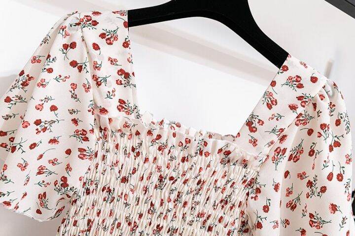 spring-summer-chiffon-women-dresses-female-short-sleeve-elastic-waist-printed-floral-midi-dress-pleated-backless-casual-dress