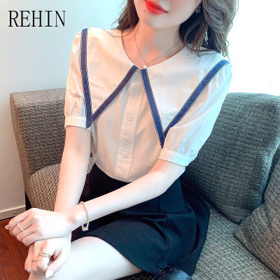 REHIN เสื้อสไตล์เกาหลีแบบใหม่แขนพองหวานสำหรับผู้หญิง,เสื้อแขนสั้นดีไซน์แบบหลวมคอตุ๊กตาแฟชั่นฤดูร้อน