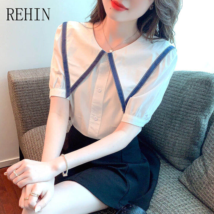 rehin-เสื้อสไตล์เกาหลีแบบใหม่แขนพองหวานสำหรับผู้หญิง-เสื้อแขนสั้นดีไซน์แบบหลวมคอตุ๊กตาแฟชั่นฤดูร้อน