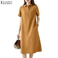 COD DSTGRTYTRUYUY ZANZEA Women Korean Short Sleeve Collared Oversized Beach Party Mini Shirt Dress