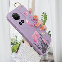 GGK เคสสำหรับ OPPO Reno10 Pro 5G พร้อมสายรัดข้อมือเคสโทรศัพท์ดอกทิวลิปรูปการ์ตูนดอกไม้ขอบสี่เหลี่ยมของเหลวเคสคลุมทั้งหมดกล้องปลอกซิลิโคนกันกระแทก