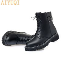 AIYUQI Women Martin Boots Winter 2021 Warm Thick Wool Women Snow Boots Genuine Leather Casual Large Size Women Motorcycle Boots