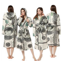 Women Bathrobe Nightgown Thick Warm Robe Winter s Dollars Print Flannel Bath Robe Money Pajamas Sleepwear Bathrobe Blanket