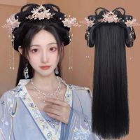 ผ้าโพกศีรษะ Hanfu วิกผมชุดโบราณที่คาดผมแบบชิ้นเดียวสำหรับคนขี้เกียจเครื่องประดับผมชุดเต็มสไตล์โบราณขนมปังแผ่นผ้าโพกศีรษะกระเป๋า