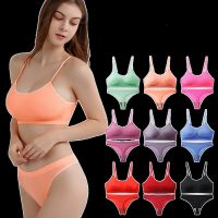 《Be love shop》Seamless Bra Set Sexy Thong Low Waist Panties Women Underwear Wire Free Bra Comfy Bralette Brassiere Candy Colors Lingerie Set