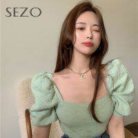 Sezo ใหม่ลำลองสีทึบ Dark รูปแบบสแควร์คอเสื้อยืดสั้นผู้หญิง