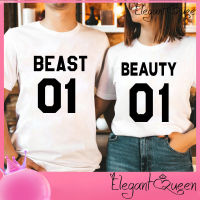 สง่างาม❤เสื้อยืดคู่พิมพ์ลายตัวอักษร Queen BEAST 01 BEAUTY 01สีขาวเสื้อผ้าฝ้ายคู่รัก