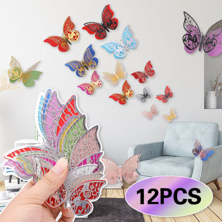 12 pcs/pack 3D Butterfly Wall Stickers Colorful Double Layers Hollow
