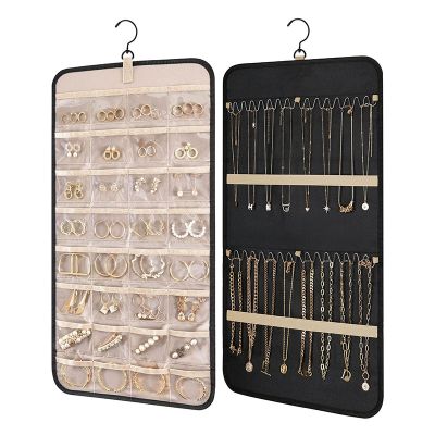 【YF】 Hanging Jewelry Organizer Double-Sided Roll with Hanger Metal Hooks Earrings Necklaces Rings Holder Storage Bag