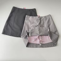 Thom Browne ของแท้ใหม่กระโปรงสีเทา,กระโปรงเอวสูงผ้าสูท A-Line One-Step Hip-Covering กระโปรงป้องกันการเปิดรับแสง TB