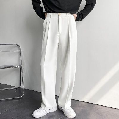 เสื้อคลุมกางเกงขาตรงบุรุษแฟชั่นลำลองของเกาหลีแบบสบายๆขาวดำเทากางเกงขากว้าง Celana Setelan สำหรับนักธุรกิจชายแบบใหม่