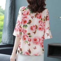 Floral Blouse for Women Plus Size Shirt V-neck Short-sleeved Chiffon Lace Top