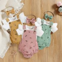 Infant Baby Girl Summer Clothes, Solid Color Fly Sleeve Round Neck Tops + Flower Pattern Suspender Jumpsuit + Bow Headband  by Hs2023