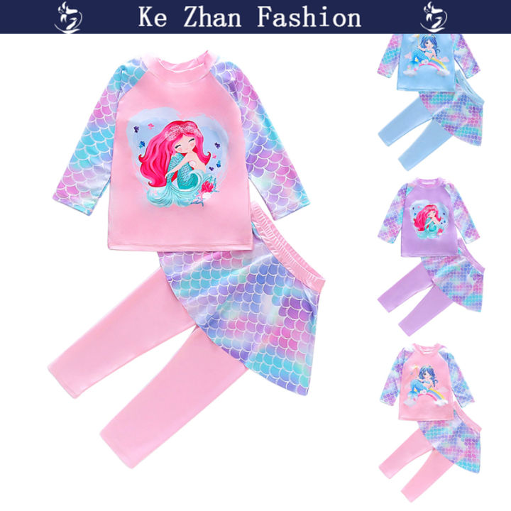 ke-zhan-กางเกงเสื้อแขนยาวนางเงือกสำหรับเด็กผู้หญิง-2ชิ้นแฟชั่นชุดว่ายน้ำแยกชิ้นมีครีมกันแดดแห้งเร็วชุดว่ายน้ำ
