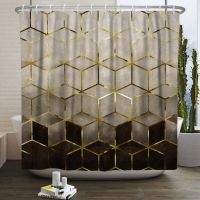 Ombre Marble Shower Curtain Geometric Grid Brown Black Cubic Gold Lines Abstract Creative Art Pattern Polyester Bathroom Decor