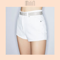 [MILIN] Micro denim shorts with crystal embellished belt กางเกงขาสั้นแต่งเข็มขัดคริสตัล Hot Shorts / WHITE