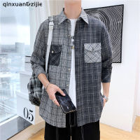 2022 New Men Casual Plaid Flannel Shirt Long-Sleeved Patchwork Chest Two Pocket Design High Street Tops Slim Fit Formal Shirts