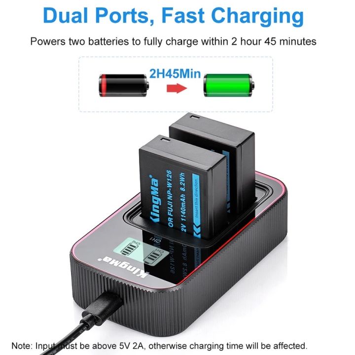 kingma-np-w126-w126s-แบตเตอรี่-lcd-usb-dual-charger-สำหรับ-fujifilm-x100v-x100f-x-h1-x-pro3-2-x-t3-t2-t30-s10-t200-t100-x-e3-x-a7-a5