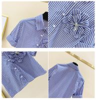 Women S Three-Dimensional Blue With Flowers Striped Short-Sleeved Shirt 2022 Summer Loose New Design Sense Niche Western Style Top