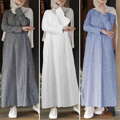 [COD] 2022 spring and summer plus size fashion casual womens long-sleeved striped linen dress