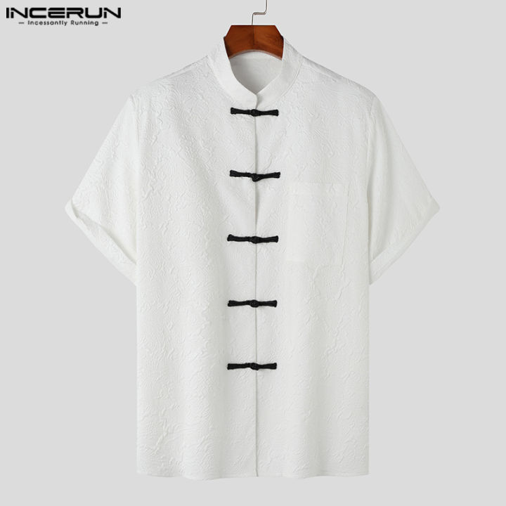 incerun-เสื้อ-relief-ปกผู้ชายแขนสั้นคอจีนเสื้อเชิ้ตลำลองเรียบ-สไตล์จีน