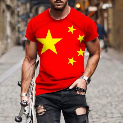 เสื้อเสื้อเชิ้ตแขนสั้นพิมพ์ลาย3D ธงชาติจีนแฟชั่นของผู้ชายเสื้อไม่มีสงครามตลกเสื้อยืดสีแดง