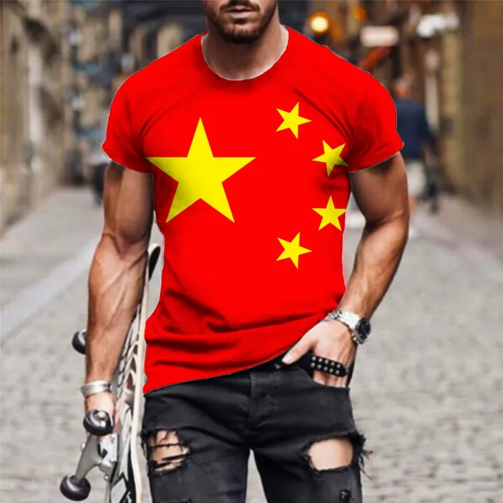 เสื้อเสื้อเชิ้ตแขนสั้นพิมพ์ลาย3d-ธงชาติจีนแฟชั่นของผู้ชายเสื้อไม่มีสงครามตลกเสื้อยืดสีแดง