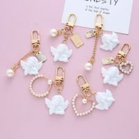 Cute Vintage White Angel Keychains for Women Girls Mini Pearl Heart Pendant Gold Color Keyring Bag Car Keys Charm Key Chain Gift