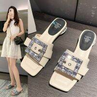 HOT★รองเท้าแตะส้นสูงปานกลางคริสตัลสำหรับผู้หญิงรองเท้าแตะ Sandal jepit Fashion ใหม่2023รองเท้าบูทหุ้มข้อลำลองเปิดสไลด์ชุดเดรสว่ายน้ำ