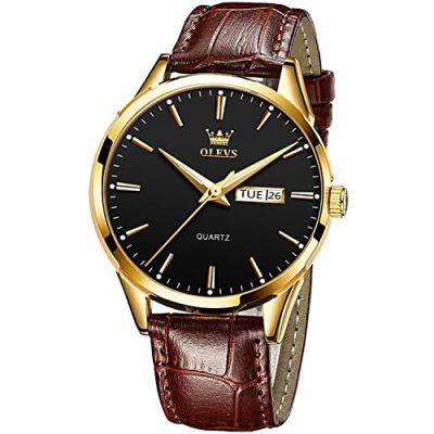 OLEVS Watches for Men Brown Leather Gold Case Analog Quartz Fashion Business Dress Watch Day Date Luminous Waterproof Casual Male Wrist Watches Brown Leather Black Dial