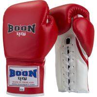 BOON Boxing Lace up Gloves Competition 8,10,12,14,16 oz  All Red-White MuayThai MMA K1นวมแข่งขัน บุญมวยไทย ทำจากหนังแท้ นวมเชือก สีแดง-ขาว