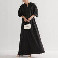 Dress For Women Nine Points Sleeve Ankle-Length Pleated A-Line Lady Maxi Dress Casual Loose Pullover Black Solid Dress