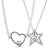 ◐⊕☫  Pave Asymmetric Star Collier Hearts Of 925 Sterling Necklace Europe Bead Jewelry