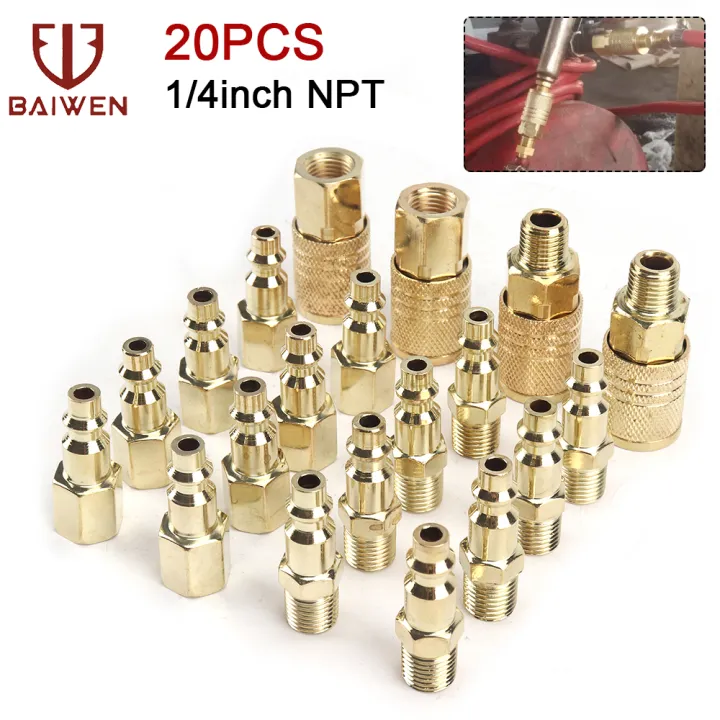BAI WEN 20 Pieces 1/4" NPT Brass Coated Air Coupler and Plug Kit