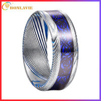 BONLAVIE 8mm Damascus Pattern Tungsten Carbide Ring for Men Women with Black Celtic Dragon Blue Opal Sticker Wedding Bands Size 7-12
