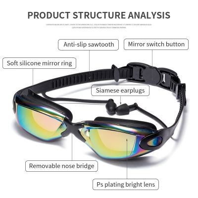 Adluts แว่นตาแว่นตาว่ายน้ำซิลิโคนพร้อมที่อุดหูและที่คลิปหนีบจมูกไฟฟ้าสีดำ/เทา/น้ำเงิน