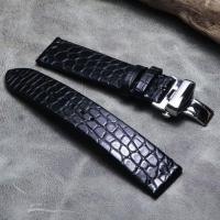 ❀❀ High-end handmade crocodile leather round grain watch chain retro 19 20 21 22MM black butterfly buckle mens strap