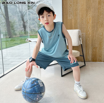 BAOLONGXIN เสื้อกั๊กเด็กผู้ชายชุดกีฬา2ชิ้นแบบบาง,เสื้อกั๊กแห้งเร็วระบายอากาศได้ดีขนาดกลางและใหญ่