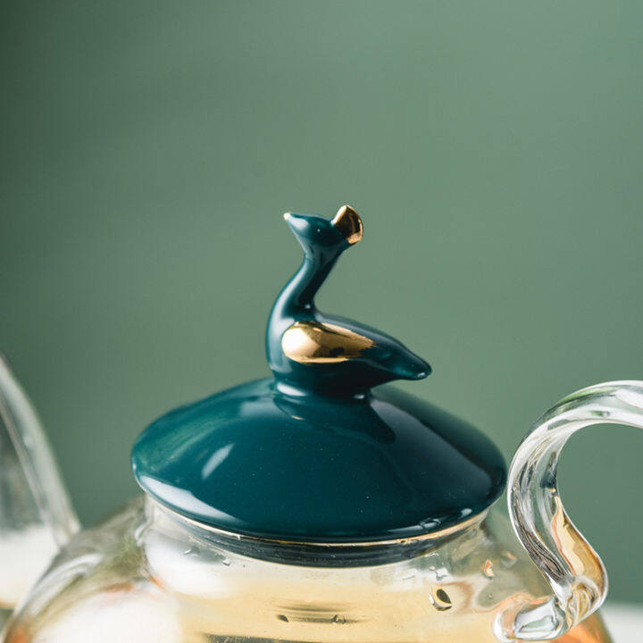 hot-premium-green-golden-glass-swan-teapot-with-strainer-and-holder-services-teaware-set-cup-and-saucer-water-flower-kettle