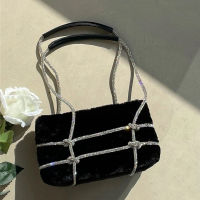 Luxury Shine Plush Shoulder Bags For Women Rhinestone Decor Underarm Lady Handbag Purse Party Clutch Armpit Bag Pack