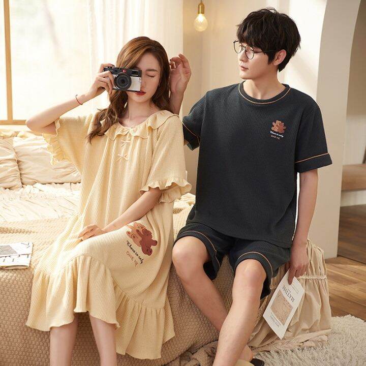 2023-new-fashion-waffle-cotton-sleepwear-for-couples-summer-short-mens-pajamas-set-womens-sleeping-dress-female-male-pjs