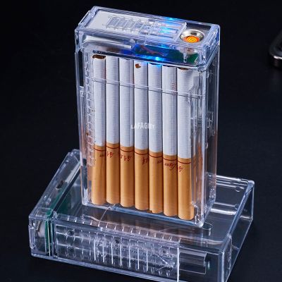 ℡ Transparent Plastic Cigarette Case With Lighter Double-outlet Automatic Pop Up Cigarette Box Removable USB Charging Coil Lighter