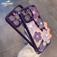 KISSCASE เคสโทรศัพท์ภาพดอกไม้แฟชั่นสีม่วงใสแฟชั่นหรูหราบางเฉียบสำหรับ Iphone 15 Pro Max 15 Plus เคสฟิล์มเลนส์เพชรแวววาวในตัวสำหรับ Iphone 14 13 12 11 Pro Max 12Pro กรอบ TPU นุ่มเคสกันกระแทกพีซีแบบแข็ง