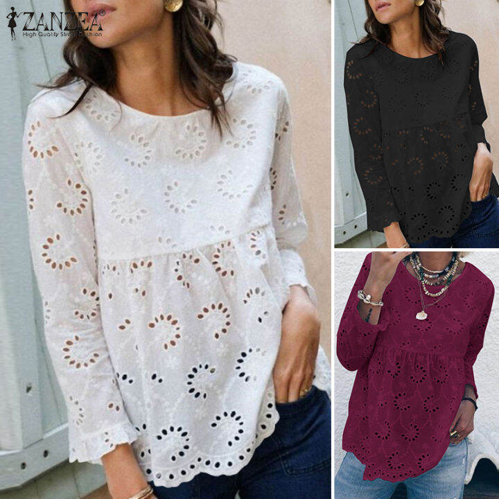 Rulfepy ZANZEA Womens Lace Patchwork Hollow Out Tee Shirt Cotton Linen ...