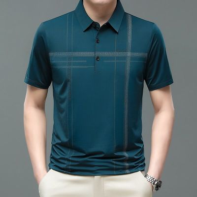 HOT11★BROWON Brand Business Cal Men T Shirts Regular Turn-Down Collar Daily Work Tee Tops Striped Print Short Sleeve Tshirts Male
