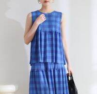 2MUAY รุ่น GJO3621 SLEEVELESS PLAID PRINTED PLEAT TOP เสื้อผู้หญิง เสื้อพลีทคุณภาพ สีนำ้เงิน FREE SIZE