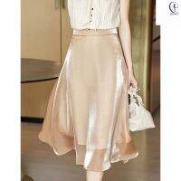 COD DSFERTGERRYYY 【DC】Temperament Elegant Chiffon Stitching Champagne Skirt Mid-length High-waist Fashion A-line skirt