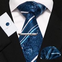 KAMBERFT Navy Blue Striped Silk Wedding Tie For Men Fashion Design Gift Men Necktie Hanky Cufflink Set Business Party Gravata Cable Management