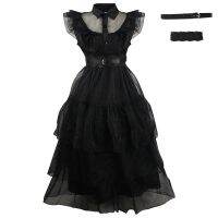 ✠☢ Wednesday Addams Cosplay Dress For Girl Kids Movie Costumes Black Gothic Princess Dresses Belt Halloween Party Children Clothes