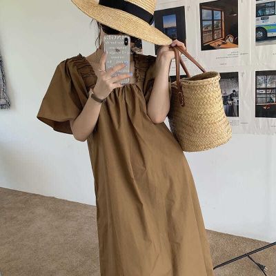 ‘；’ MEXZT Retro Square Collar Dress Women Holiday Puff Short Sleeve Folds Backless A Line Midi Dress Beach Casual Lace Up Sundress